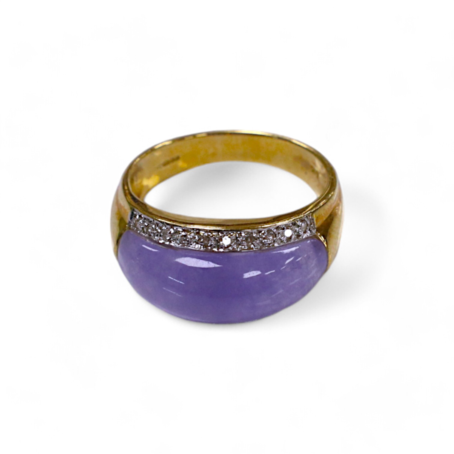 A modern 14k, lavender jade and diamond chip set demi-lune ring, size Q, gross weight 5.6 grams. Condition - fair